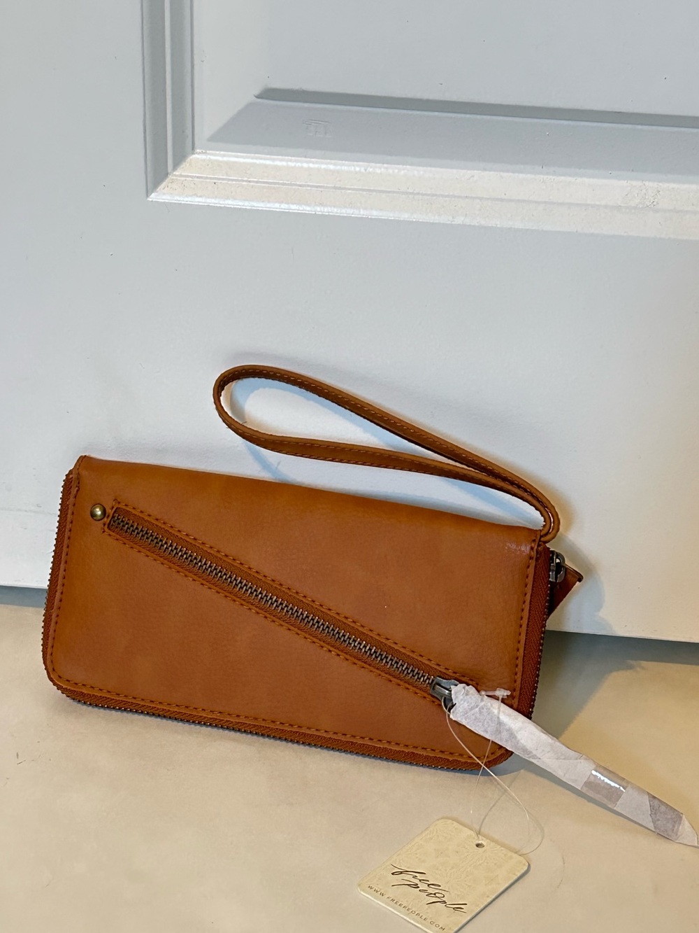 Free People Brown Leather-Style Wristlet Clutch with Diagonal Zip